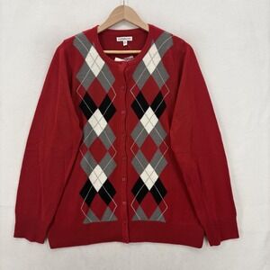 Croft & Barrow Cardigan Sweater Womens XL Red Argyle Print Button Front Retro